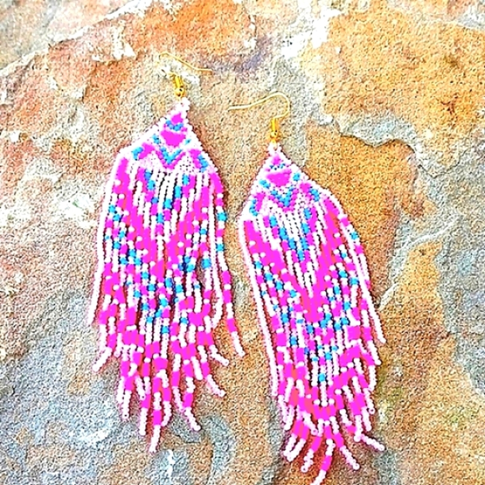 New! -  Seed bead earrings! Hot pink,light pink, blue,and white. 4 3/4 in.